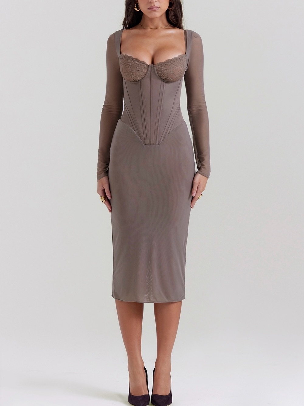 House of CB Safran Corset Midi Dress L Mocha Romantic Glamour - Picture 6 of 15